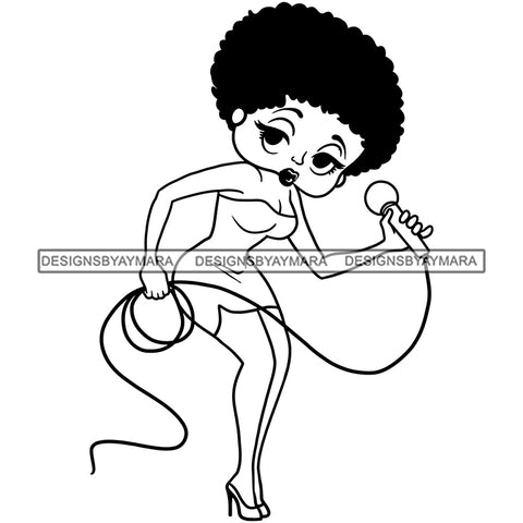 Afro Cute Sexy Betty Sensual Curvy Boss Lady Singing Microphone Big Eyes Queen Melanin Curly Afro Hair Style SVG PNG JPG Cutting Files For Silhouette Cricut More