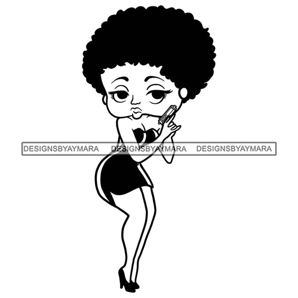 Afro Cute Sexy Betty Holding Hand Gun Sensual Curvy Boss Lady Big Eyes Queen Melanin Curly Afro Hair Style SVG PNG JPG Cutting Files For Silhouette Cricut More