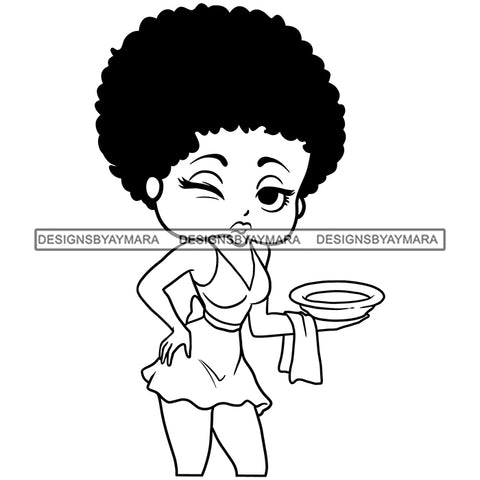 Afro Cute Sexy Betty Chef Waitress Sensual Curvy Boss Lady Big Eyes Queen Melanin Curly Afro Hair Style SVG PNG JPG Cutting Files For Silhouette Cricut More