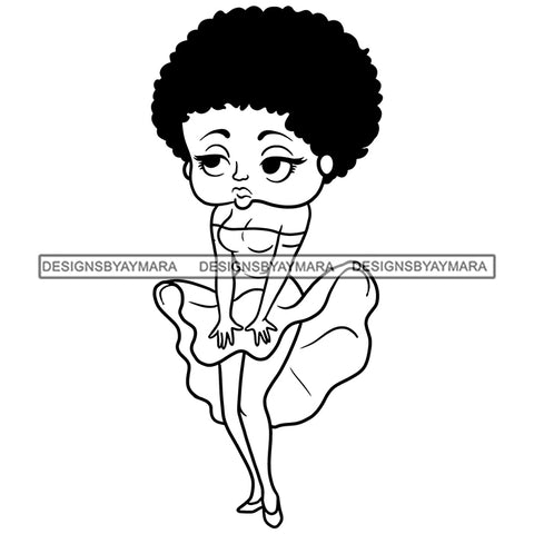 Afro Cute Sexy Betty Holding Her Dress Sensual Curvy Boss Lady Big Eyes Queen Melanin Curly Afro Hair Style SVG PNG JPG Cutting Files For Silhouette Cricut More