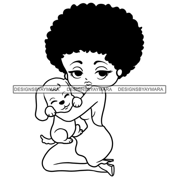 Afro Cute Sexy Betty Holding A Puppy Dog Sensual Curvy Boss Lady Big Eyes Queen Melanin Curly Afro Hair Style SVG PNG JPG Cutting Files For Silhouette Cricut More