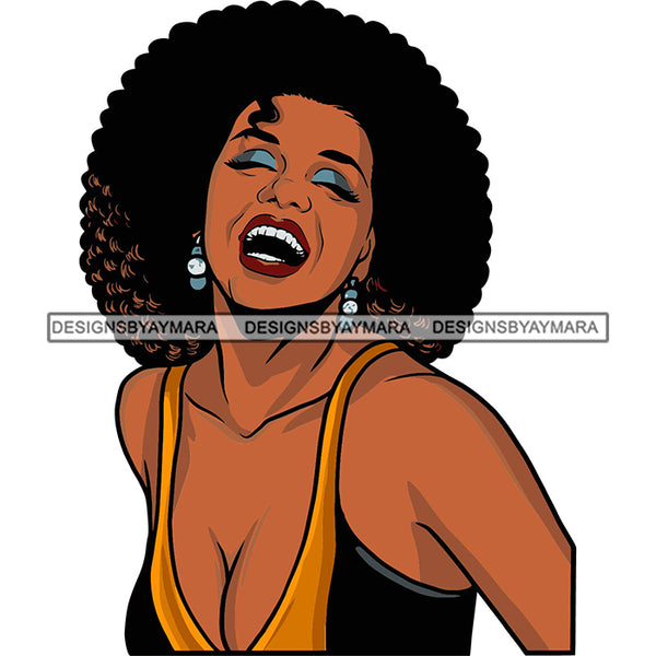 Black Smiling Woman Wearing Yellow Bra Showing Cleavage Curly Hairs Style Girl Jewelry Earrings Makeup Red Lipstick Magic Melanin Nubian African American Lady SVG JPG PNG Vector Clipart Cricut Silhouette Cut Cutting