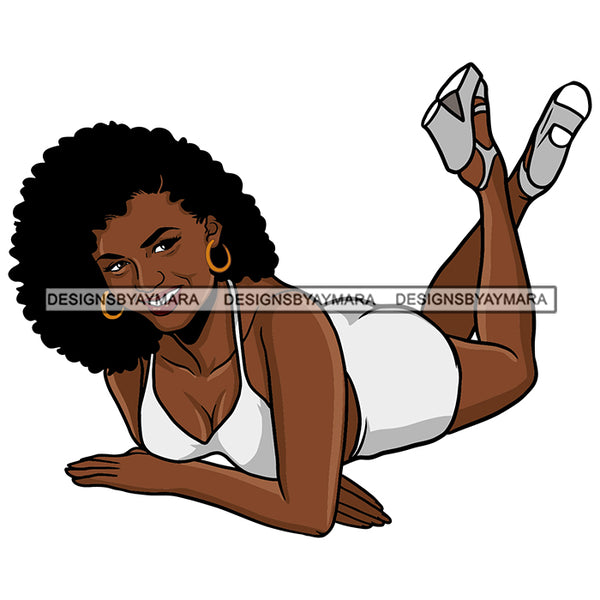 Black Smiling Woman Laying Down Downward Wearing White Bikini Bra Panty Showing Cleavage Curly Hairs Style Girl Gold Jewelry Earrings Makeup Red Lipstick Magic Melanin Nubian African American Lady SVG JPG PNG Vector Clipart Cricut Silhouette Cut Cutting