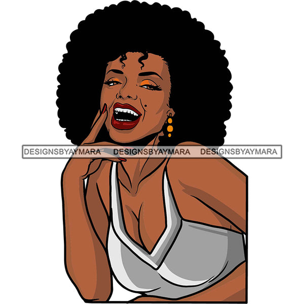 Black Smiling Woman Wearing White Bra Showing Cleavage Curly Hairs Style Girl Gold Jewelry Earrings Makeup Red Lipstick Magic Melanin Nubian African American Lady SVG JPG PNG Vector Clipart Cricut Silhouette Cut Cutting