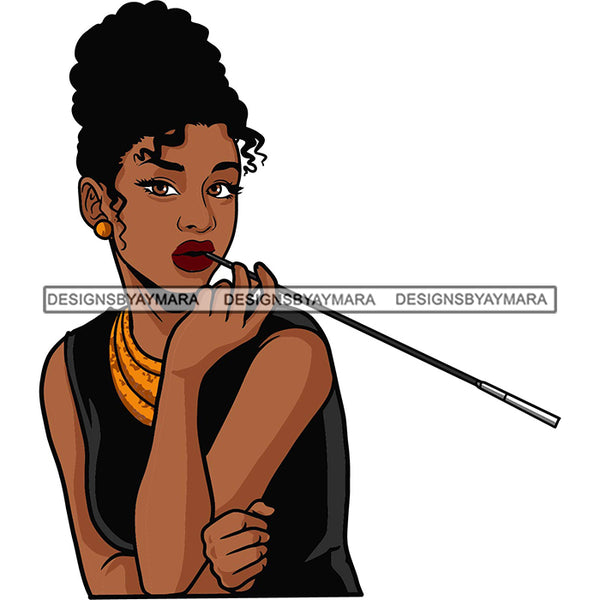 Black Hot Woman Holding Stick Wearing Yellow Black Dress Curly Joora Hairs Style Girl Gold Jewelry Earrings Makeup Red Lipstick Magic Melanin Nubian African American Lady SVG JPG PNG Vector Clipart Cricut Silhouette Cut Cutting