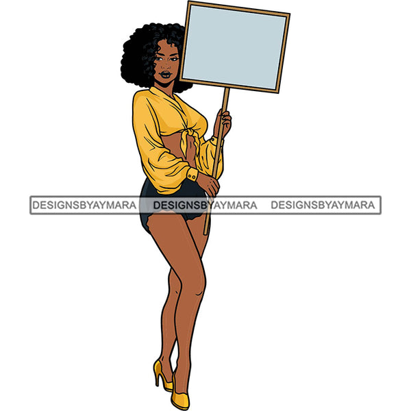Black Hot Sexy Woman Holding Poster Banner Sign Board Wearing Yellow Blouse Shorts Heel Shoes Curly Hairs Style Girl Magic Melanin Nubian African American Lady SVG JPG PNG Vector Clipart Cricut Silhouette Cut Cutting