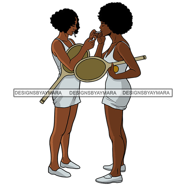 Black Woman Smoking Cigarette Holding Tennis Racket Ball Wearing White Dress Curly Hairs Style Girl Magic Melanin Nubian African American Lady SVG JPG PNG Vector Clipart Cricut Silhouette Cut Cutting