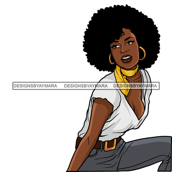 Black Hot Woman Wearing White Sexy Shirt Pant Curly Hairs Style Girl Makeup Red Lipstick Golden Gold Jewelry Earrings Magic Melanin Nubian African American Lady SVG JPG PNG Vector Clipart Cricut Silhouette Cut Cutting
