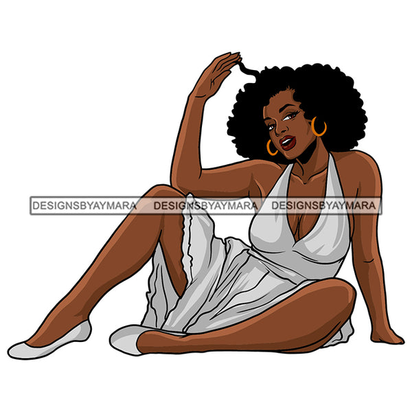 Black Hot Sexy  Woman Wearing White Dress Showing Cleavage Curly Hairs Style Girl Makeup Red Lipstick Golden Gold Jewelry earrings Magic Melanin Nubian African American Lady SVG JPG PNG Vector Clipart Cricut Silhouette Cut Cutting