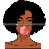 Black Woman Blowing Air Bubble Gum Pink Balloon Curly Hairs Style Girl Long Eyelashes Hazel Eyes Naked Nude Girl Magic Melanin Nubian African American Lady SVG JPG PNG Vector Clipart Cricut Silhouette Cut Cutting