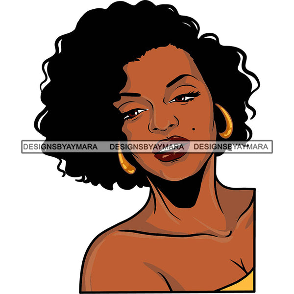 Black Hot Sexy Woman Dark Mole Face Wearing Yellow Dress Showing Cleavage Curly Hairs Style Girl Red Lipstick Makeup Golden Gold Jewelry Earrings Magic Melanin Nubian African American Lady SVG JPG PNG Vector Clipart Cricut Silhouette Cut Cutting