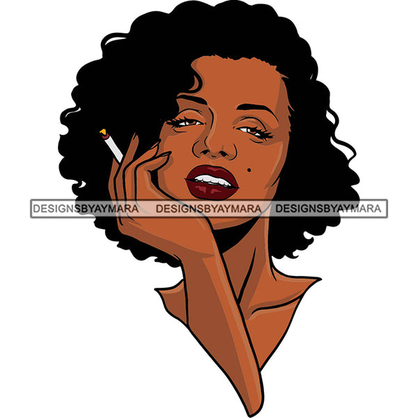 Black Hot Woman Smoking Cigarette Dark Mole Face Curly Hairs Style Girl Red Lipstick Makeup Magic Melanin Nubian African American Lady SVG JPG PNG Vector Clipart Cricut Silhouette Cut Cutting