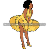 Black Hot Sexy  Woman Wearing Yellow Dress Showing Cleavage Standing Curly Hairs Style Girl Red Lipstick Makeup Earrings Jewelry  Magic Melanin Nubian African American Lady SVG JPG PNG Vector Clipart Cricut Silhouette Cut Cutting