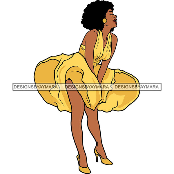 Black Hot Sexy  Woman Wearing Yellow Dress Showing Cleavage Standing Curly Hairs Style Girl Red Lipstick Makeup Earrings Jewelry  Magic Melanin Nubian African American Lady SVG JPG PNG Vector Clipart Cricut Silhouette Cut Cutting