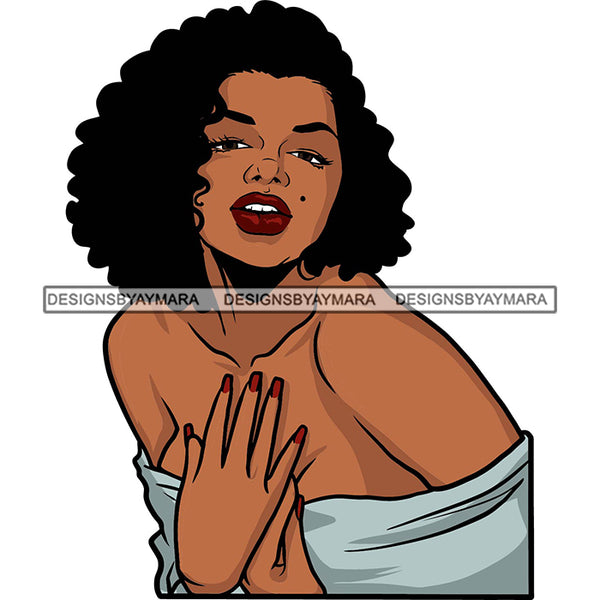 Black Hot Sexy  Woman Black Mole Face Wearing Blue Dress Hiding Cleavage Nail Paint Hands Curly Hairs Style Girl Red Lipstick Makeup Earrings Jewelry Magic Melanin Nubian African American Lady SVG JPG PNG Vector Clipart Cricut Silhouette Cut Cutting