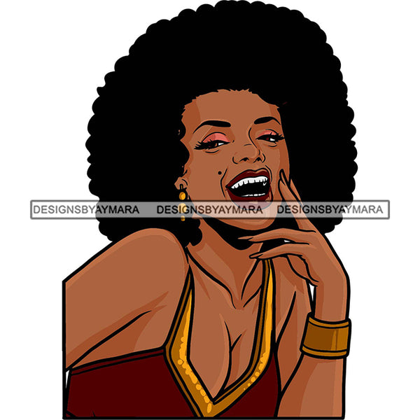 Black Hot Sexy Woman Black Mole Face Wearing Red Dress Showing Cleavage Bracelet Curly Hairs Style Girl Red Lipstick Makeup Golden Gold Earrings Jewelry Magic Melanin Nubian African American Lady SVG JPG PNG Vector Clipart Cricut Silhouette Cut Cutting