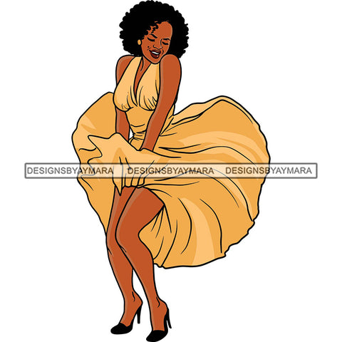Black Woman Wearing Hot Sexy Dress High Heals Smiling Black Mole Eyes Closed Curly Hairs Style Girl Gold Golden Jewelry Earrings Makeup Black Lipstick Magic Melanin Nubian African American Lady SVG JPG PNG Vector Clipart Cricut Silhouette Cut Cutting