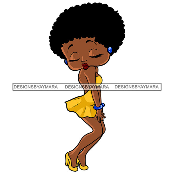 Afro Cute Sexy Betty Sensual Curvy Boss Yellow Dress Lady Big Eyes Queen Melanin Curly Afro Hair Style SVG PNG JPG Cutting Files For Silhouette Cricut More