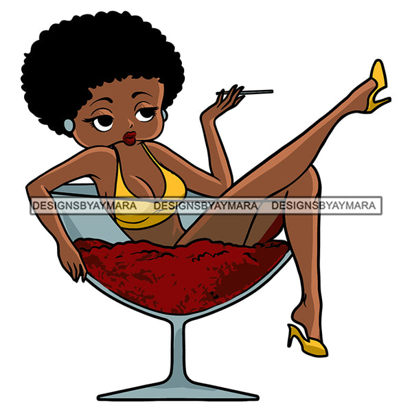 Afro Cute Sexy Betty Sensual Curvy Boss Lady Martini Glass Smoking Big Eyes Queen Melanin Curly Afro Hair Style SVG PNG JPG Cutting Files For Silhouette Cricut More