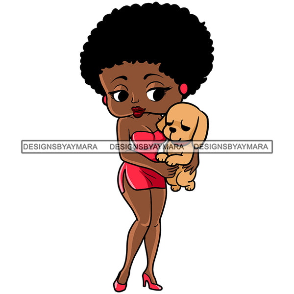Afro Cute Sexy Betty Holding Puppy Sensual Curvy Boss Lady Big Eyes Queen Melanin Curly Afro Hair Style SVG PNG JPG Cutting Files For Silhouette Cricut More