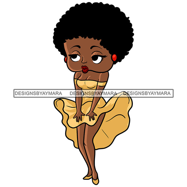 Afro Cute Sexy Betty Sensual Holding Down Yellow Dress Curvy Boss Lady Big Eyes Queen Melanin Curly Afro Hair Style SVG PNG JPG Cutting Files For Silhouette Cricut More