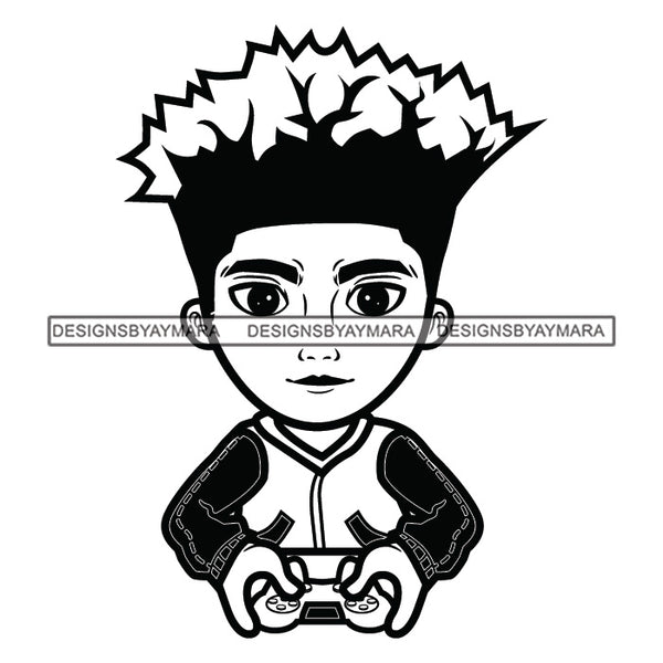 Teenager Boy Playing Video Game Having Fun Every Weekend Alone Illustration B/W SVG JPG PNG Vector Clipart Cricut Silhouette Cut Cutting