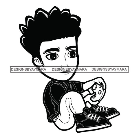 Teenager Boy Sitting Floor Playing Video Game Kid Having Fun Player Station B/W Illustration B/W SVG JPG PNG Vector Clipart Cricut Silhouette Cut Cutting