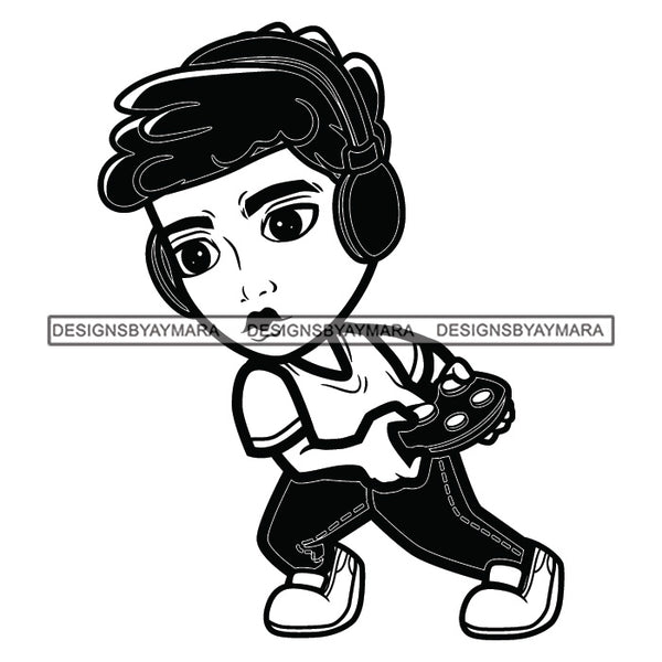 Teenager Boy Playing Video Game Having Fun Player Console Headphones Illustration B/W SVG JPG PNG Vector Clipart Cricut Silhouette Cut Cutting