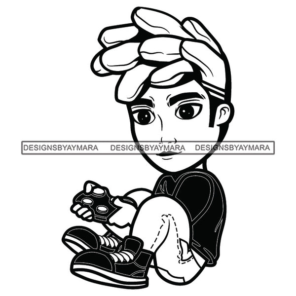 Teenager Boy Sitting Floor Playing Video Game Student School Illustration B/W SVG JPG PNG Vector Clipart Cricut Silhouette Cut Cutting