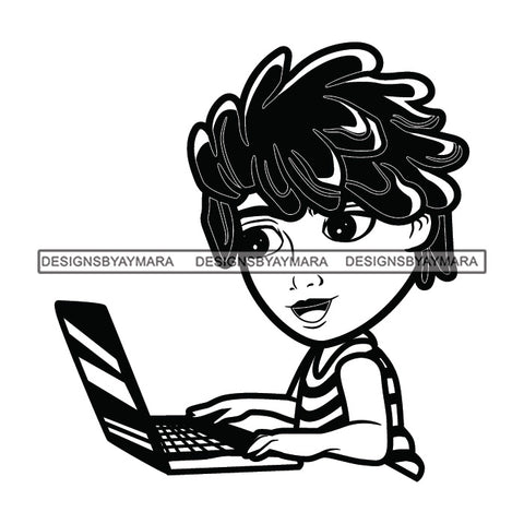 Teenager Boy Sitting Playing Video Game Laptop Online Illustration B/W SVG JPG PNG Vector Clipart Cricut Silhouette Cut Cutting