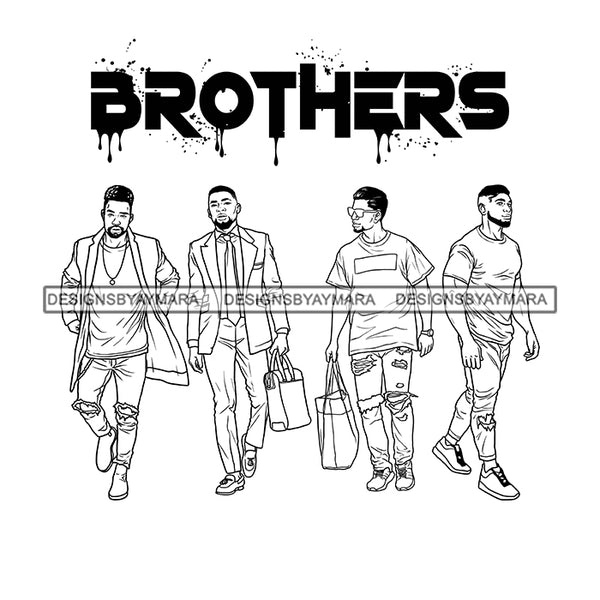 Dripping Brothers Word On Top Black Men Friends Having Fun Illustration B/W SVG JPG PNG Vector Clipart Cricut Silhouette Cut Cutting