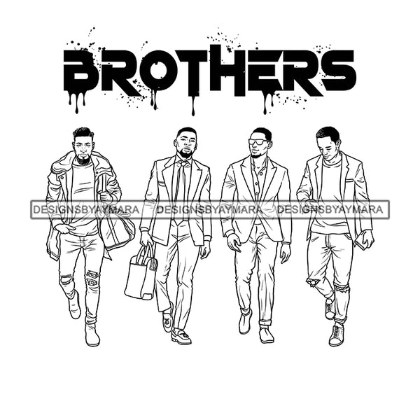 Dripping Brothers Word On Top Black Men Friends Traveling Illustration B/W SVG JPG PNG Vector Clipart Cricut Silhouette Cut Cutting