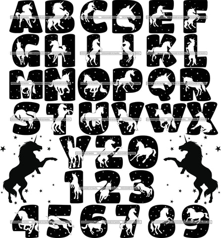 Bundle 36 Unicorn Alphabet Numbers Letters Words Creation Kit Fantasy Horse Fairy SVG JPG PNG Layered Cutting Files For Silhouette Cricut and More
