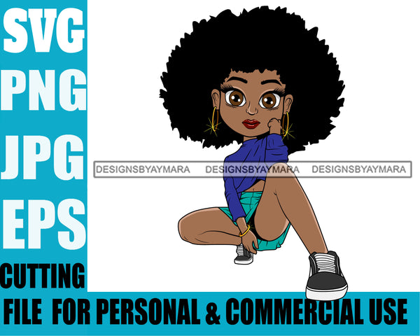 Afro Cute Lili Woman Afro Puff Hairstyle Squatting Position Black Girl Magic Melanin Popping Hipster Girl SVG JPG PNG Layered Cutting Files For Silhouette Cricut and More