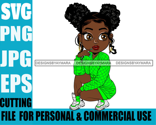 Afro Cute Lili Woman Afro Puff Hairstyle Squatting Position Black Girl Magic Melanin Popping Hipster Girl SVG JPG PNG Layered Cutting Files For Silhouette Cricut and More