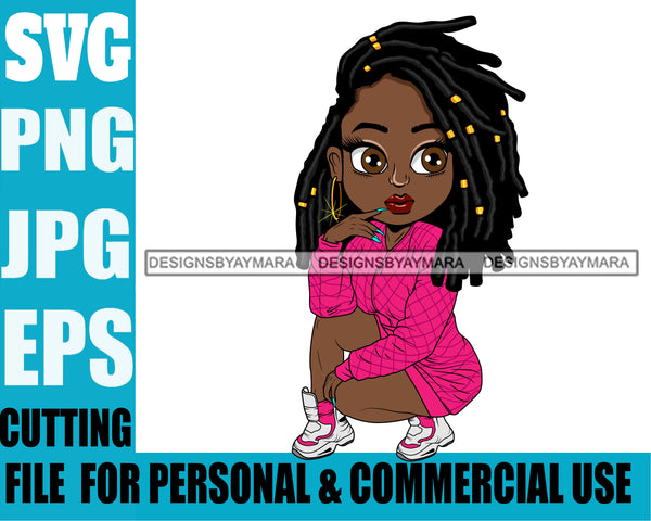 Afro Cute Lili Woman Braids Hairstyle Squatting Position Black Girl Magic Melanin Popping Hipster Girl SVG JPG PNG Layered Cutting Files For Silhouette Cricut and More