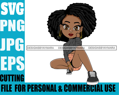 Afro Cute Lili Woman Afro Puff Hairstyle Squatting Position Black Girl Magic Melanin Popping Hipster Girl SVG JPG PNG Layered Cutting Files For Silhouette Cricut and More