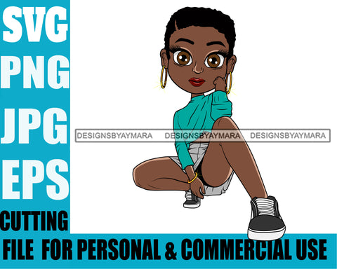 Afro Cute Lili Woman Afro Puff Short Hairstyle Squatting Position Black Girl Magic Melanin Popping Hipster Girl SVG JPG PNG Layered Cutting Files For Silhouette Cricut and More