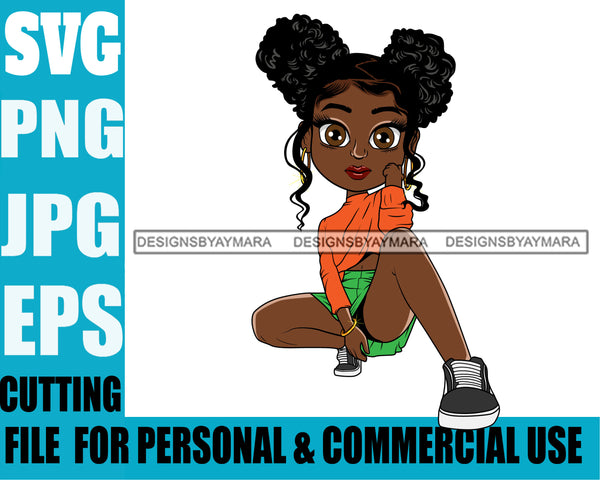 Afro Cute Lili Woman Afro Puff Hairstyle Squatting Position Black Girl Magic Melanin Popping Hipster Girl SVG JPG PNG Layered Cutting Files For Silhouette Cricut and More