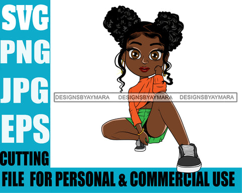 Afro Cute Lili Woman Afro Puff Hairstyle Squatting Position Black Girl Magic Melanin Popping Hipster Girl SVG JPG PNG Layered Cutting Files For Silhouette Cricut and More