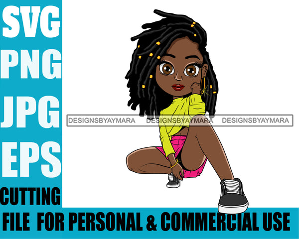 Afro Cute Lili Woman Braids Hairstyle Squatting Position Black Girl Magic Melanin Popping Hipster Girl SVG JPG PNG Layered Cutting Files For Silhouette Cricut and More