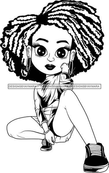 Afro Cute Lili Woman Afro Puff Hairstyle Squatting Position Black Girl Magic Melanin Popping Hipster Girl SVG JPG PNG Layered Cutting Files For Silhouette Cricut and More