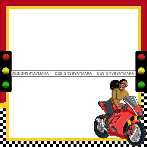 Motorcycle Biker Girl Sport Bike Cartoon Character Caricature Frame Room Decoration Birthday Banner Speed Race Funky Transportation Illustration SVG JPG PNG Vector Clipart Cricut Silhouette Cut Cutting