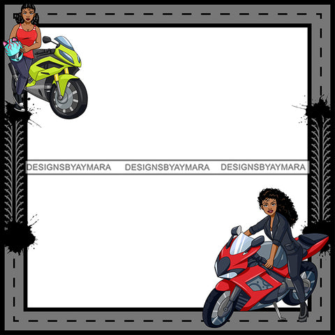 Motorcycle Biker Girl Sport Bike Cartoon Character Caricature Frame Room Decoration Birthday Banner Speed Race Funky Transportation Illustration SVG JPG PNG Vector Clipart Cricut Silhouette Cut Cutting