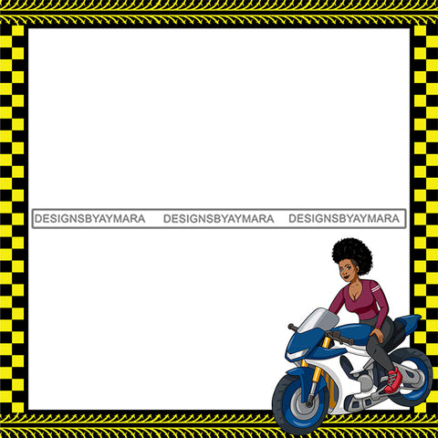 Motorcycle Biker Girl Sport Bike Cartoon Character Caricature Frame Room Decoration Birthday Banner Speed Race Funky Transportation Illustration SVG JPG PNG Vector Clipart Cricut Silhouette Cut Cutting