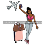 Melanin Woman Traveling Plane Luggage Passport Trip Vacation Beautiful Lady SVG PNG JPG Cut Files For Silhouette Cricut and More!