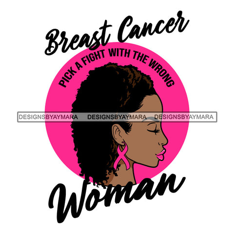 Afro Woman Breast Cancer Warrior Survivor  Side View Pink Ribbon Earring Hair Style  SVG JPG PNG Layered Cutting Files For Silhouette Cricut and More