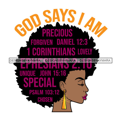 Afro Woman Hair Religious Quotes God Says I'M Precious Black Girl Side View Melanin Hipster Afro Hair Style  SVG JPG PNG Layered Cutting Files For Silhouette Cricut More