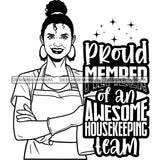 Afro Woman Cleaning Life Quotes Maid Housekeeper Bamboo Earrings Apron Bun Hairstyle B/W SVG JPG PNG Cutting Files For Silhouette and Cricut