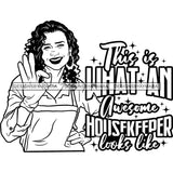 Afro Woman Cleaning Life Quotes Maid Housekeeper Bamboo Earrings Apron Curly Hairstyle B/W SVG JPG PNG Cutting Files For Silhouette and Cricut